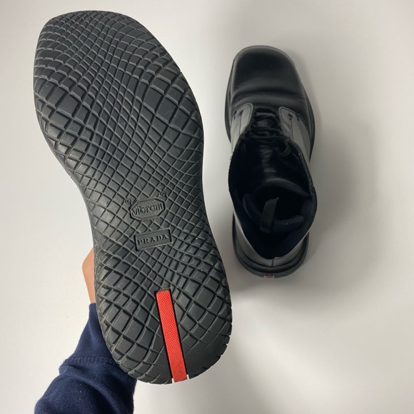 PRADA MEN VINTAGE CHUNKY DERBY BLACK LEATHER BOOTS HIGH TOP SIZE 8  NO BOX - Picture 2 of 8